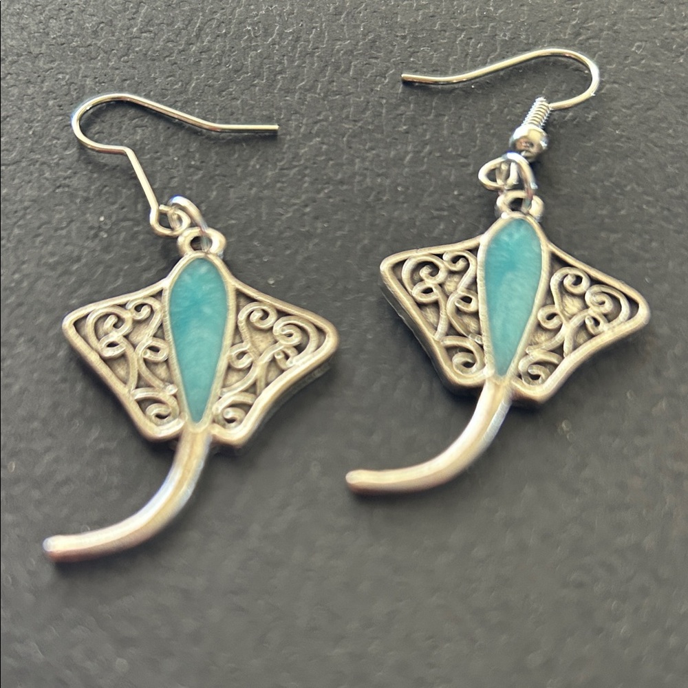 Silver and Teal Blue Stingray Earrings